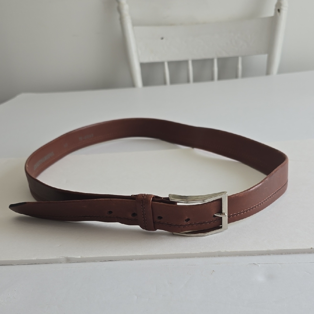 Johnston & Murphy Brown Leather Belt Stitching Silver Tone Buckle USA Size 40